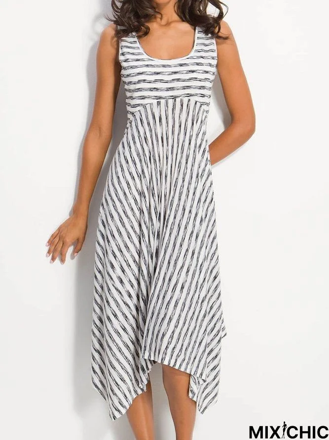 Women Midi Stripes Dresses A-Line Daily Cotton-Blend Printed Dresses