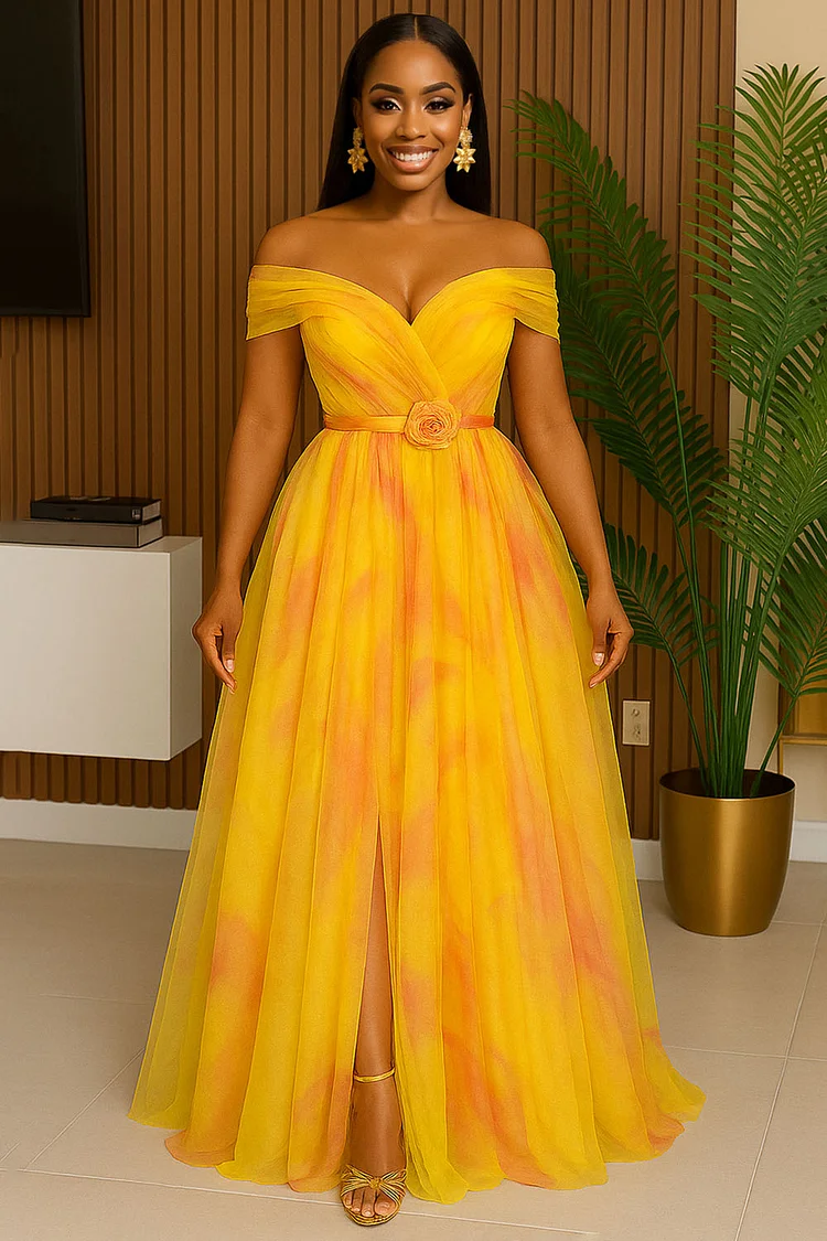 Off Shoulder Overlap Print Tulle Slit Party Maxi Dresses-Yellow [Pre Order]