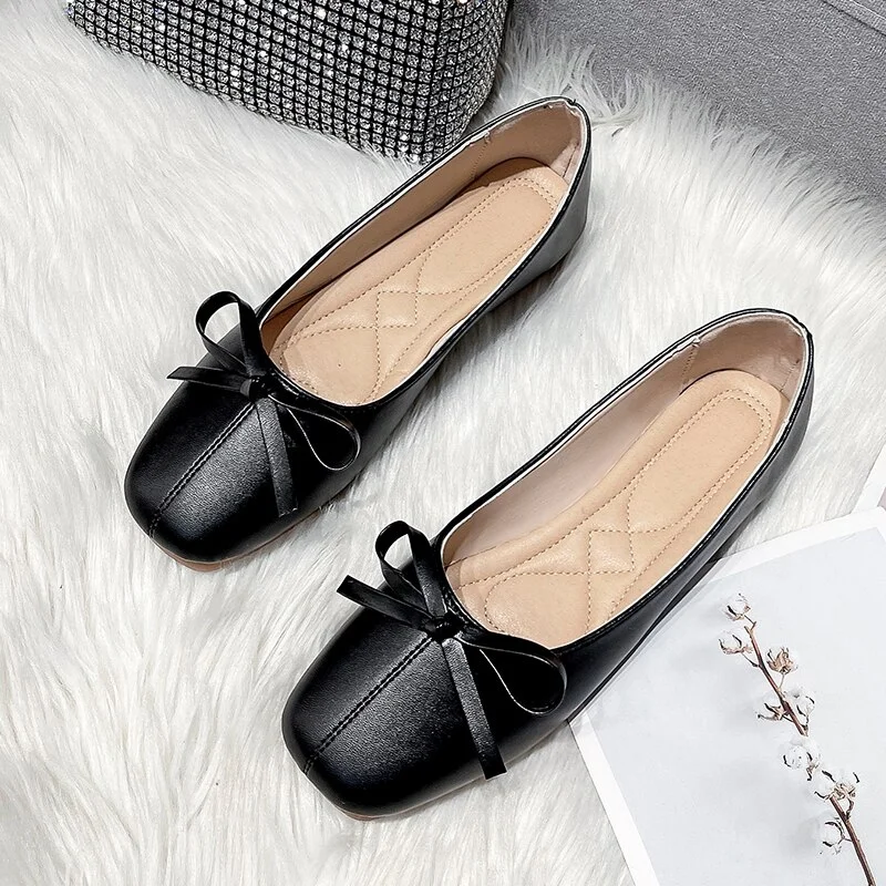 Qengg New Large Size Fashion Grandma Shoes Bow Shallow Mouth Casual Soft Leather Solid Color Square Toe Beanie Flat Shoes Women
