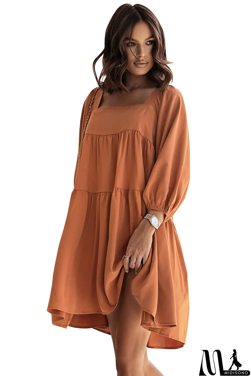 MidiSono - Brown Square Neck Half Sleeve High Low Mini Dress