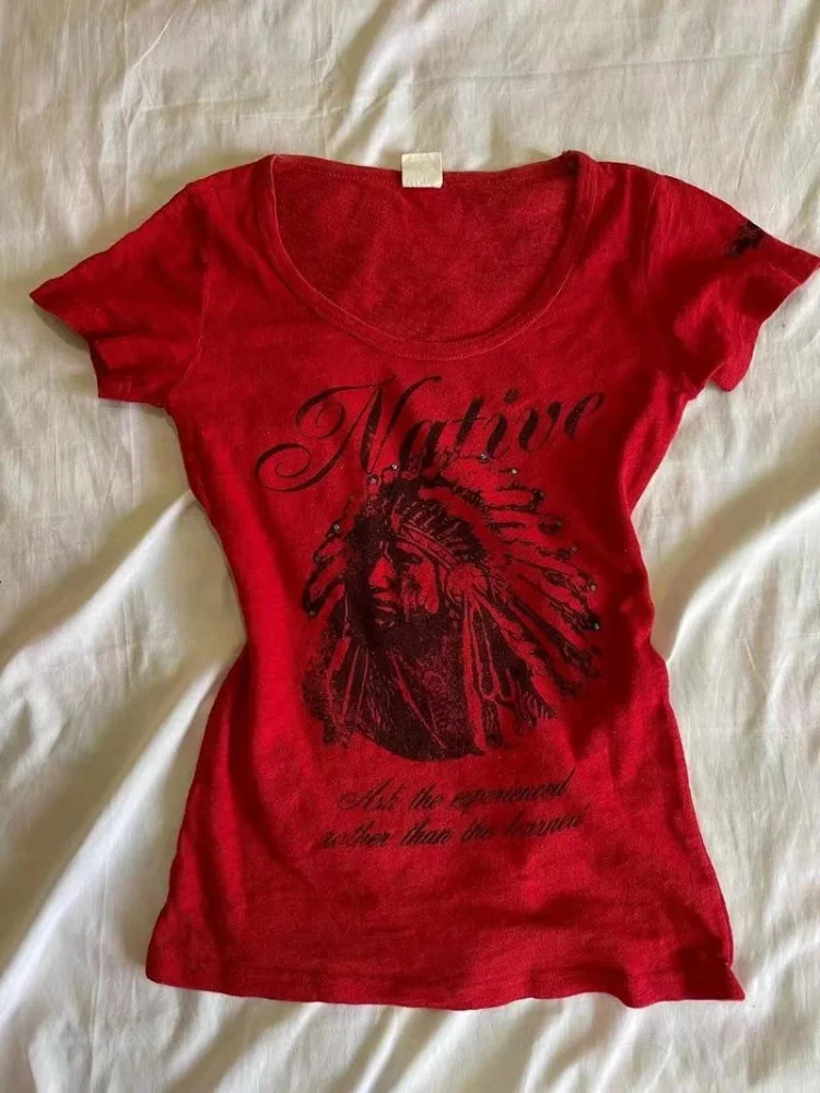 Aonga Summer New American Retro Short Sleeve Red T-shirt Women's Slimming Vintage Chic Fashion Top Casual Simple Elegant Ladies Tees aonga