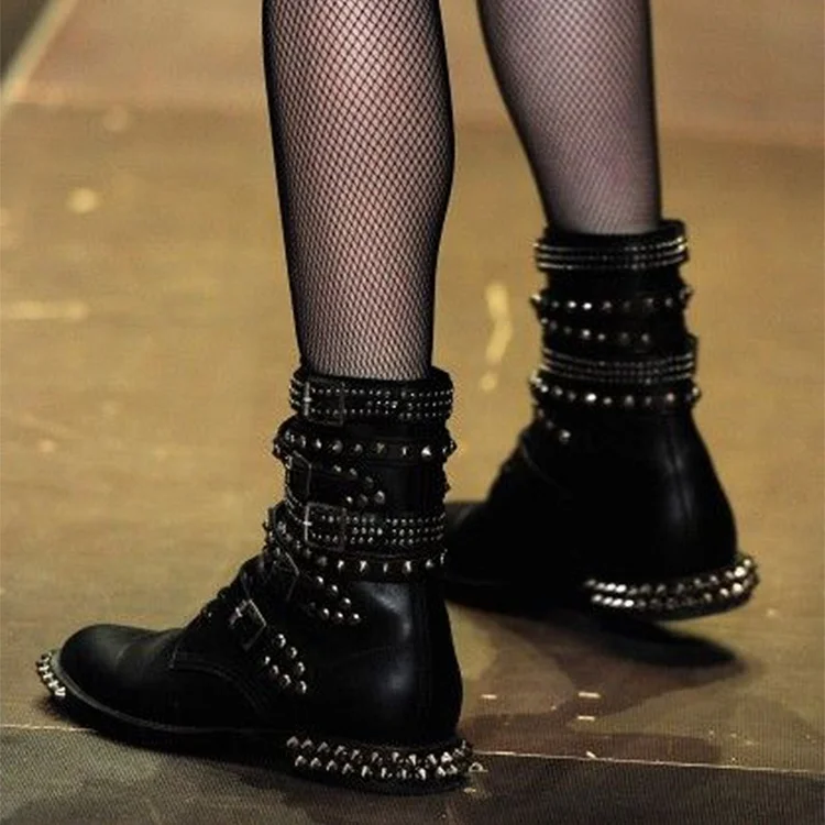 Black Studs Buckles Lace Up Ankle Fashion Boots Vdcoo