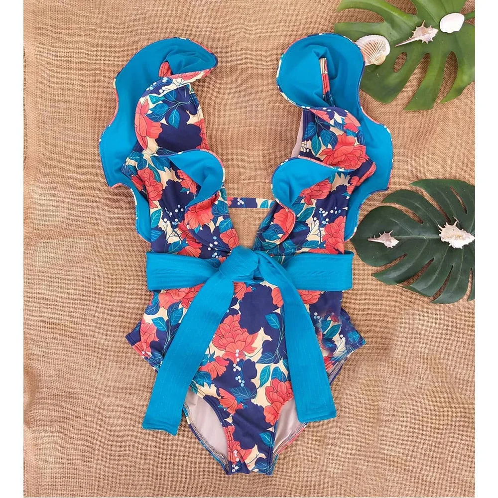 2020 New Sexy Ruffle Print Floral One Piece Strappy Slimming Swimwear Women  Swimsuit Deep-V Bathing Suit Beach Wear Monkini