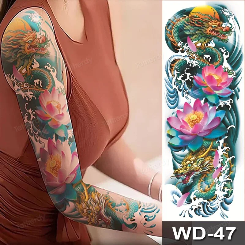 Sdrawing Size Leg Thigh Temporary Tattoo Stickers Full Arm Sleeve Wolf Carp Fox Peony Flower Fake Tattoo Sleeves Sexy Body Painting