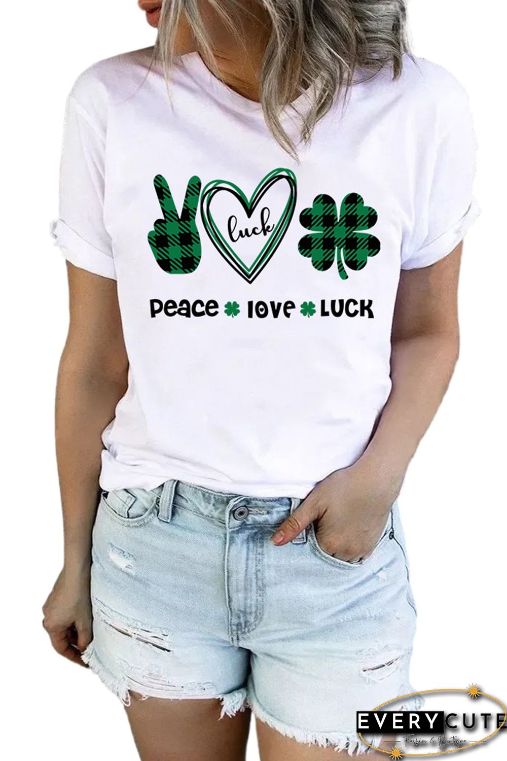 White St. Patrick's Day Letter Plaid Clover Graphic Print T-shirt