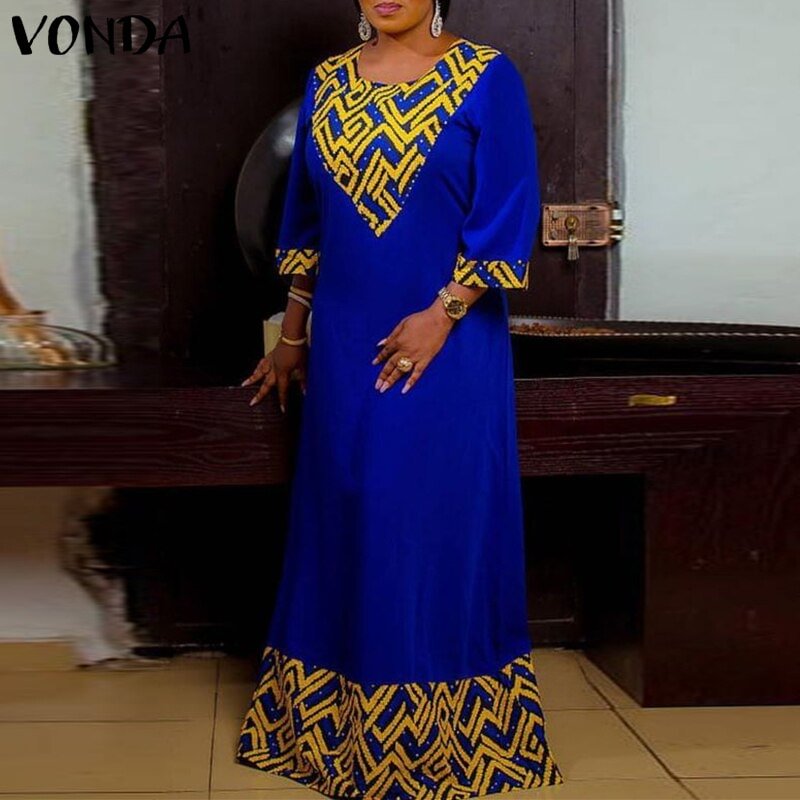 VONDA Fashion V Neck Sundress 2022 Women Pleated Trumpet Sleeve Robe Printed Vestido Oversized Summer Stylish Long Maxi Dresses