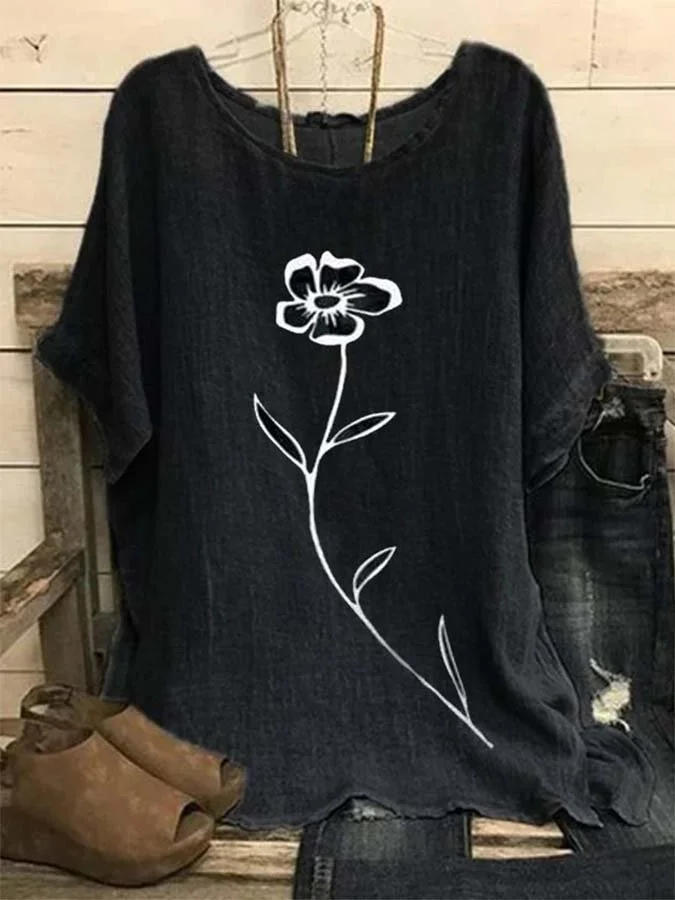 Floral-Print Short-Sleeve Baggy Top