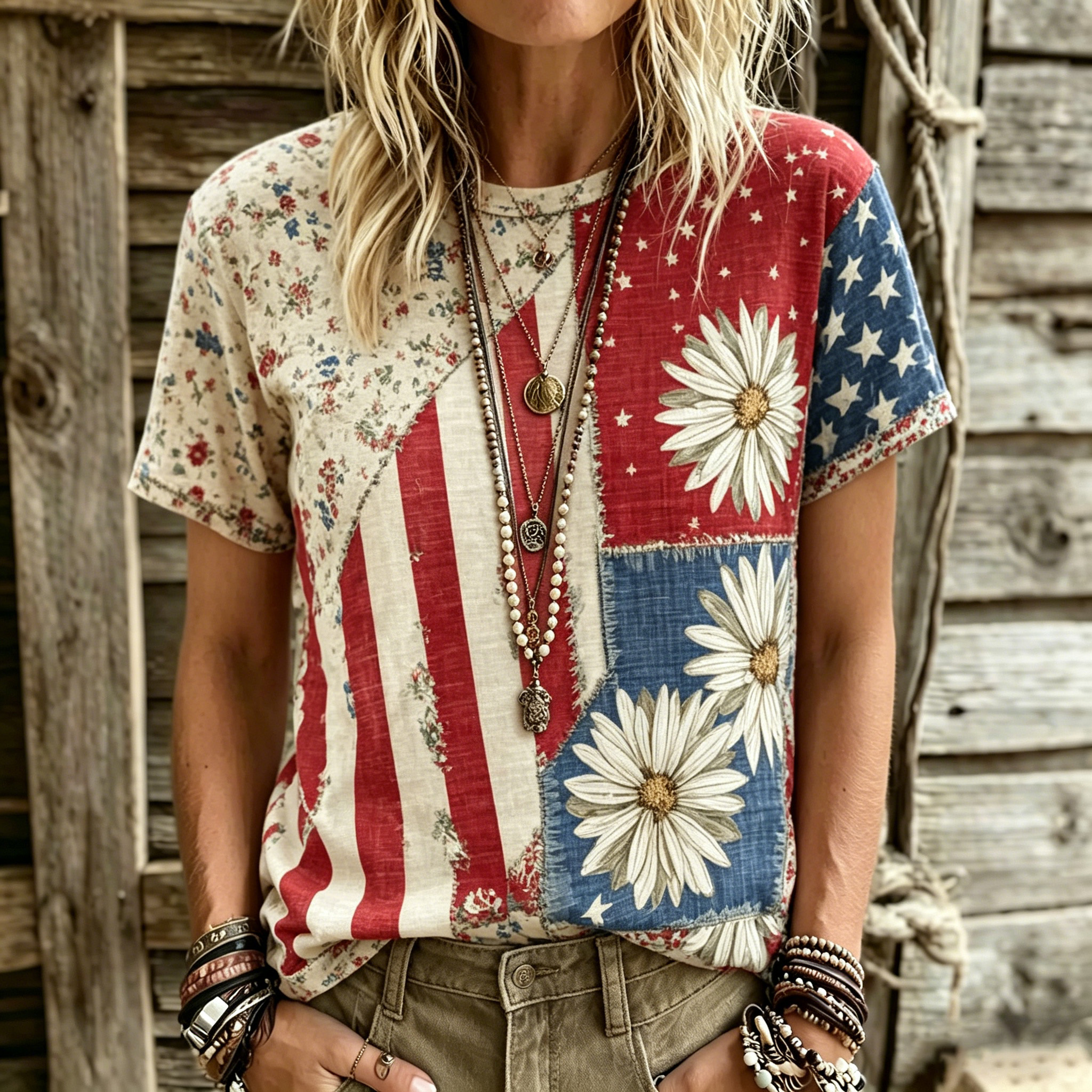  Women's Retro Independence Day Flag And Floral Print Casual Crew Neck T-shirt Westsshops