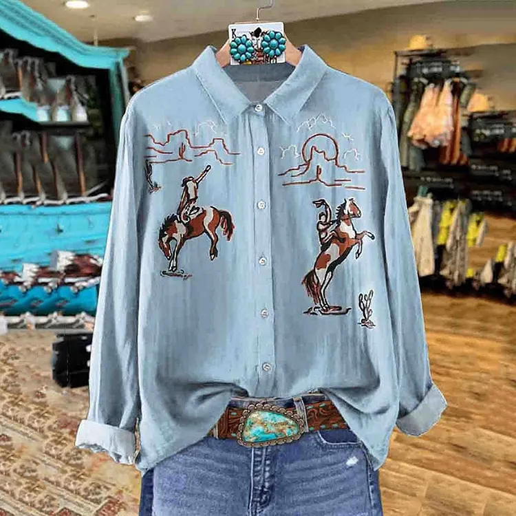 Women's Western Print Long Sleeve Casual Shirt