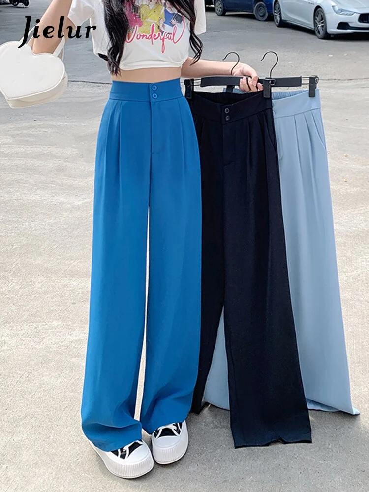 Wongn Summer Two Buttons Elastic Waist Suit Trousers Female OL Wide Leg Pants Women Loose Casual Blue Black Pants Woman S-XL