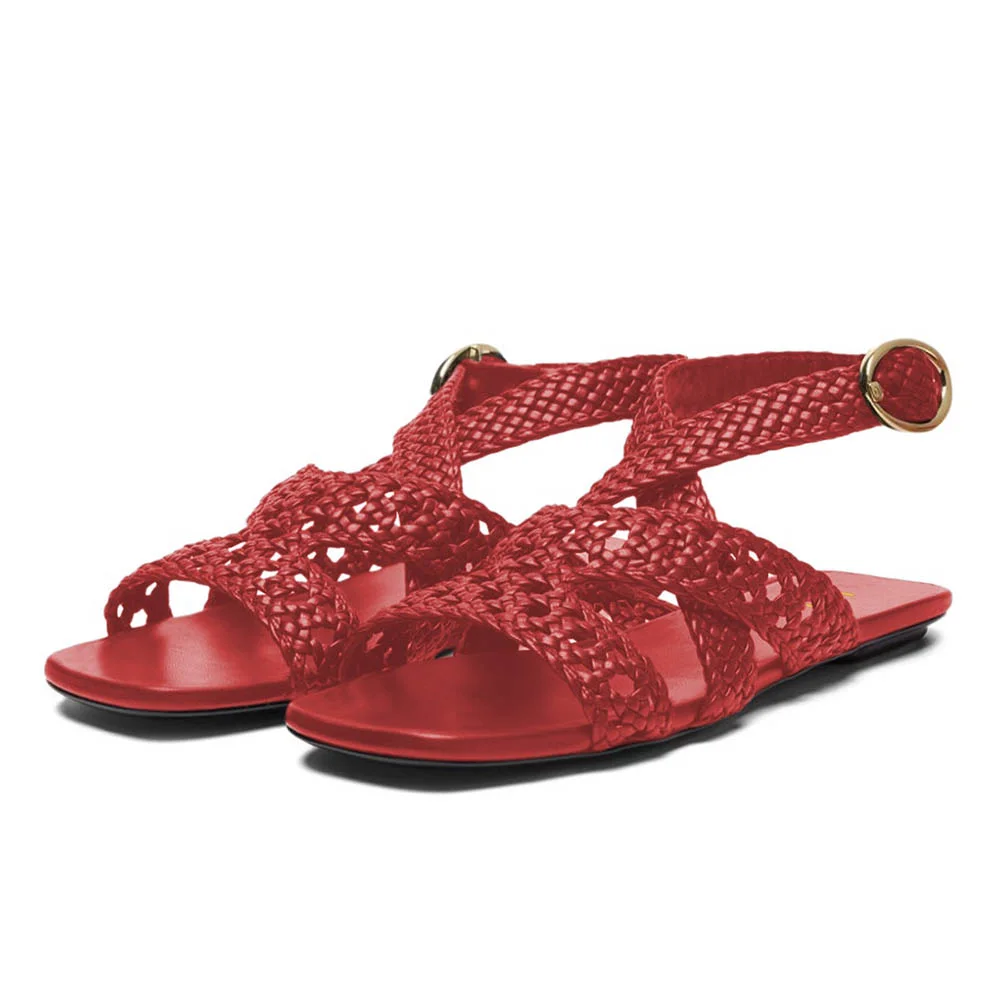 Red Open Square Toe Cross Ankle Strap Flat Women's Sandals with Braid