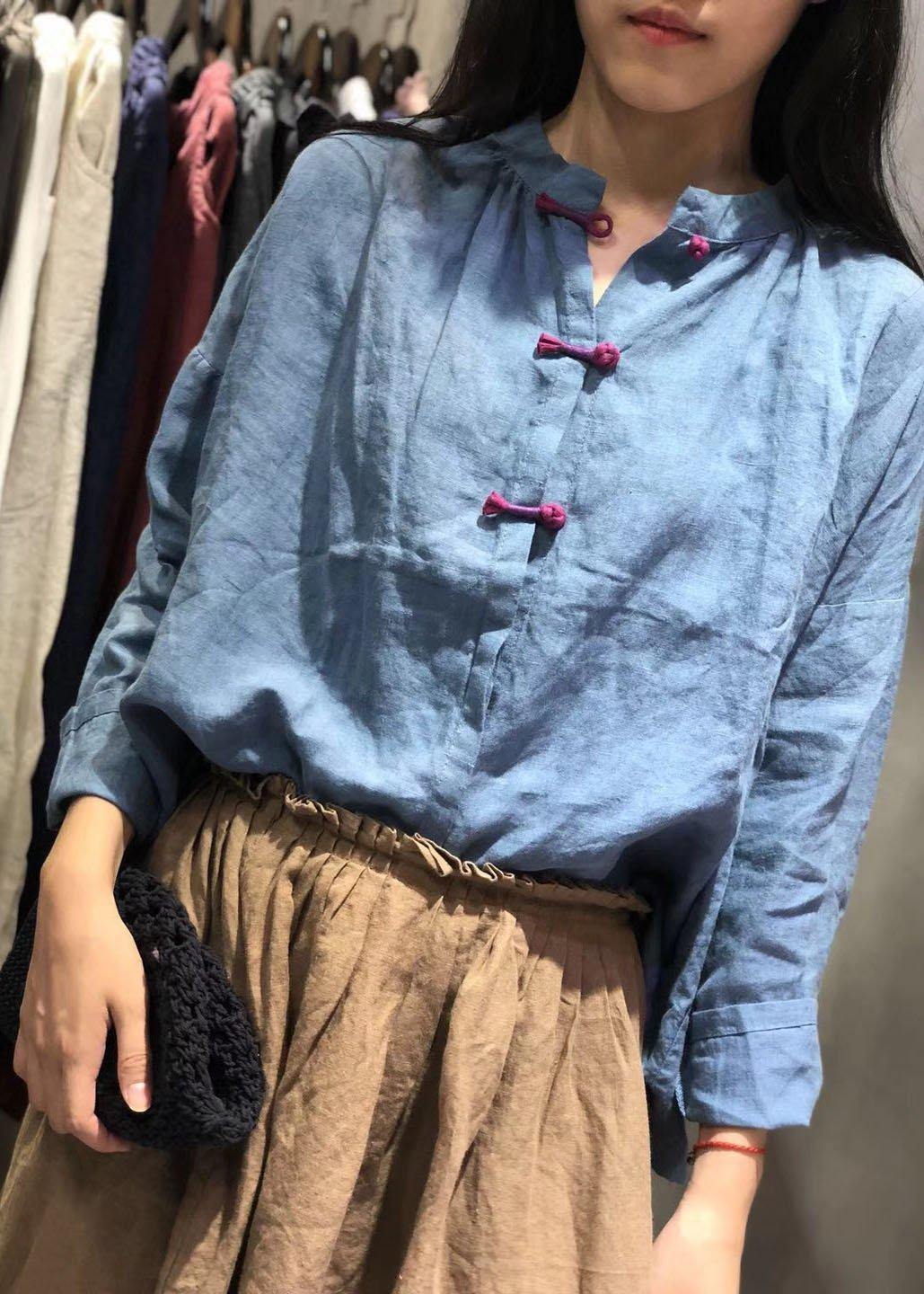 VCSHOES blue linen Blouse Chinese Button silhouette fall shirt