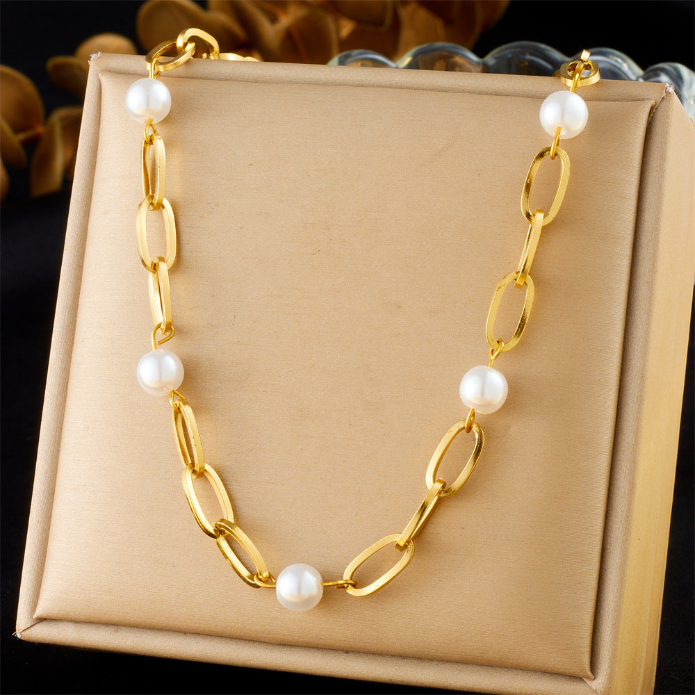 Fashion Personality Cross Chain Pearl Accessories Gold-Plated Stainless Steel Chain Jewelry Necklace