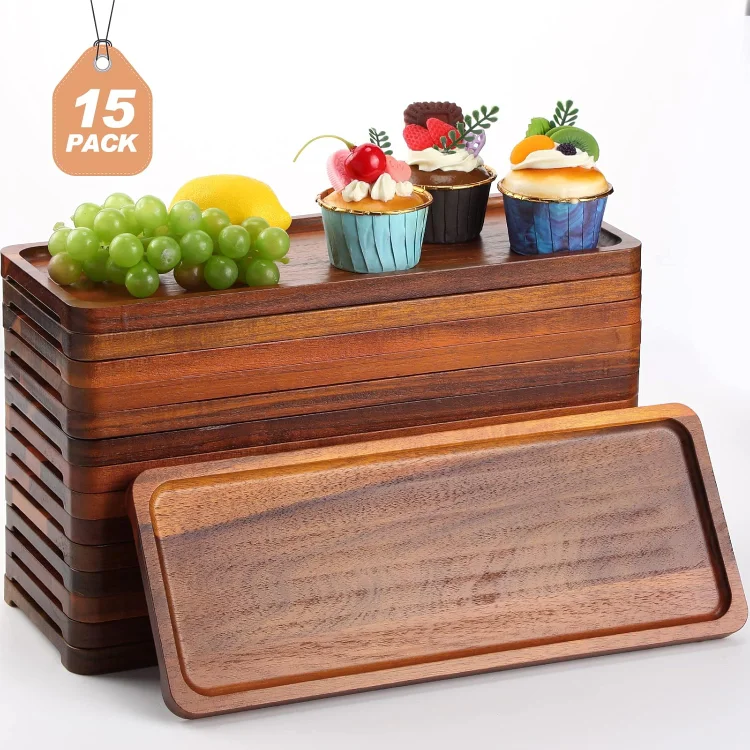 Skylety Paquete de 15 bandejas de servir de madera maciza grande de acacia para fiesta, tablero rectangular de embutidos con mango ranurado para el hogar, cocina, queso, aperitivo, granja, suministros de mesa (13.8 x 5.4 pulgadas)