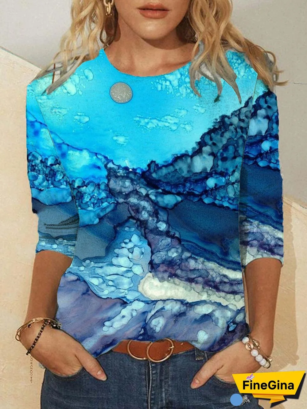 Casual Long Sleeve Round Neck Plus Size Printed Tops T-shirts