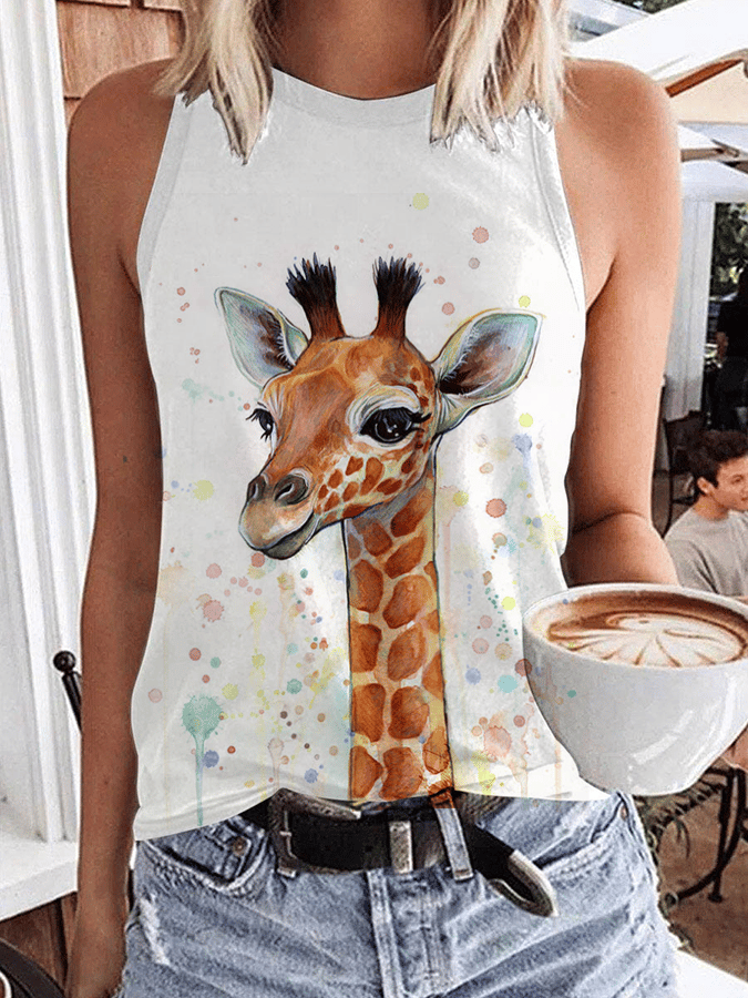 Women's Watercolor Giraffe Print Casual Tank Top socialshop