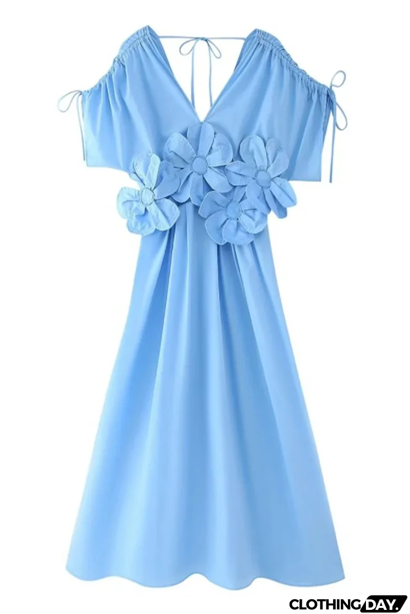 Elegant Solid Color Draw String Flower Shape V Neck Waist Skirt Dresses
