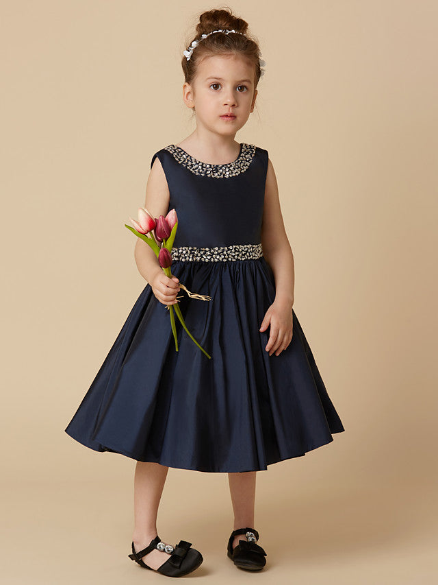 Oknass Sleeveless Jewel Neck A-Line Knee Length Flower Girl Dress Taffeta With Beading Crystal Brooch