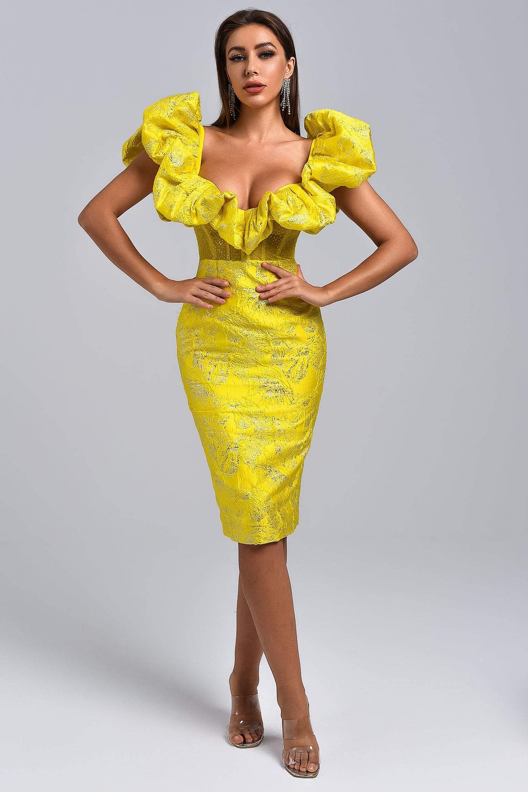 Neosepa-Graceful Low Cut Jacquard Fluffy Sleeve Yellow Slim Sexy Dress