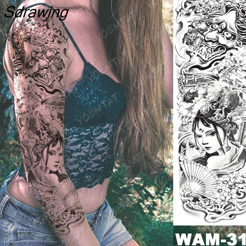Sdrawing Arm Sleeve Tattoo Tiger Lion Wolf Owl Waterproof Temporary Tatto Sticker Crown Warrior Body Art Full Fake Tatoo Men Women