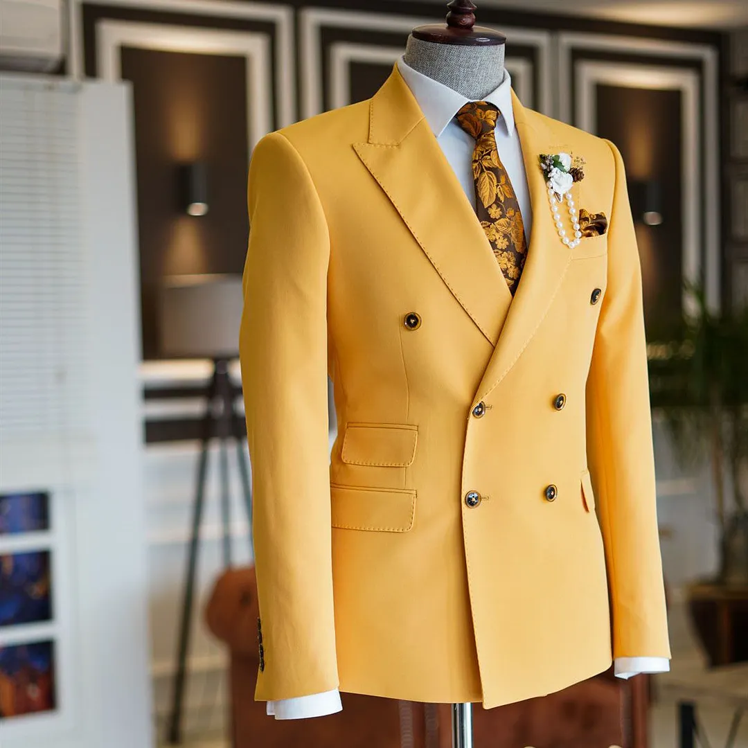 Double Breasted Stylish Paked Lapel Yellow Wedding Suits For Men main image 0