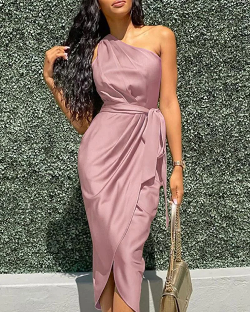 Irregular Slanted Shoulder Waist Satin Dress