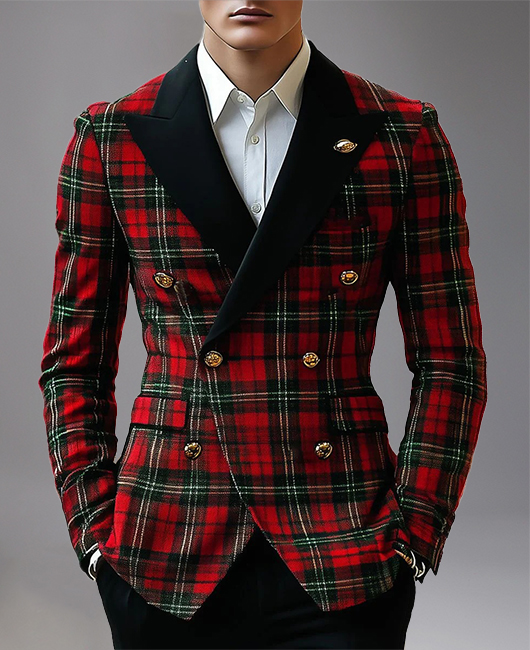 Business Peaked Lapel Double Breasted Plaid Print Blazer