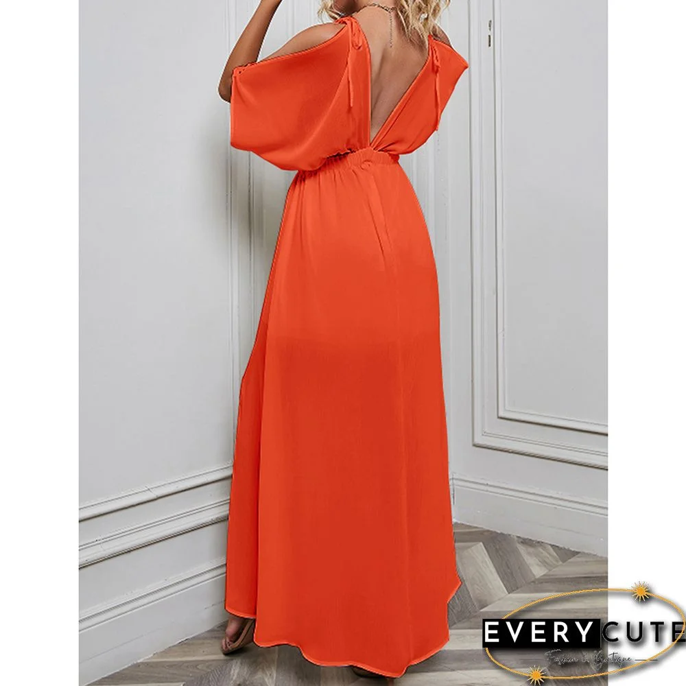 Orange Deep V Neck Chiffon Maxi Dress with Slit