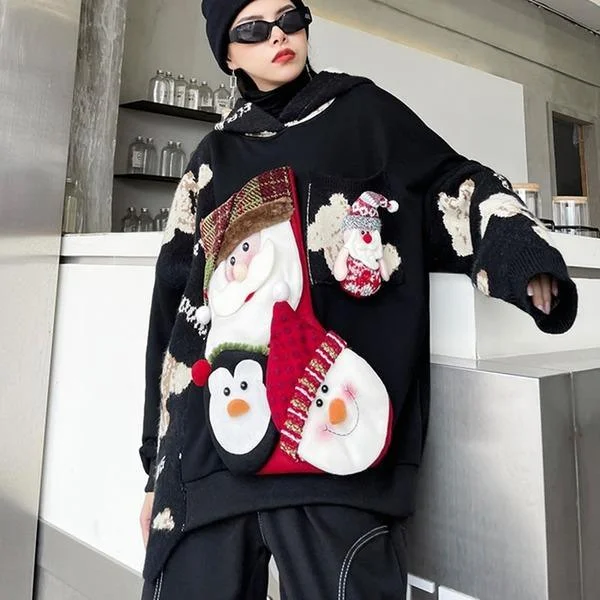 Patchwork Cartoon Print Pattern Hoodie  Casual Fashion Style Temperament All Match Women Clothes