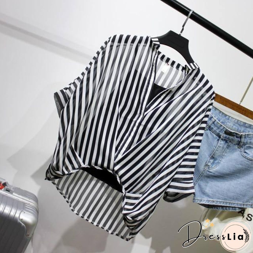 Ladies Two Piece Set Leopard Chiffon Shirts Summer Half Sleeve Loose V-Neck Women Casual Blouse Sexy Plus Size Striped Tops