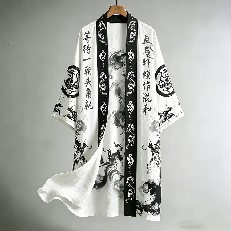 Men's Retro Color Block Dragon Japanese Linen Blend Long Kimono