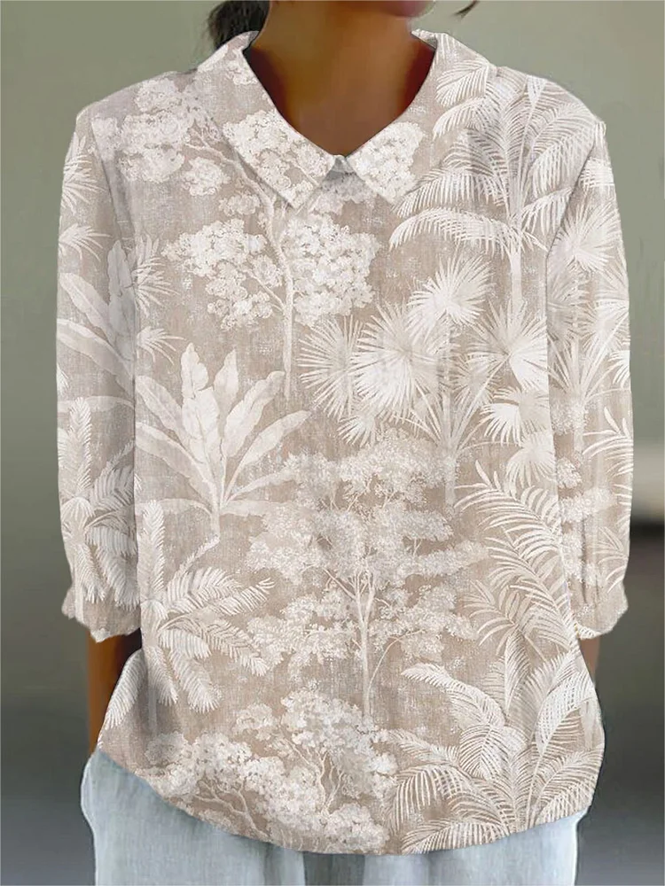 Women's Vintage Floral Art Print Casual Cotton And Linen 3/4 Sleeve Shirt
