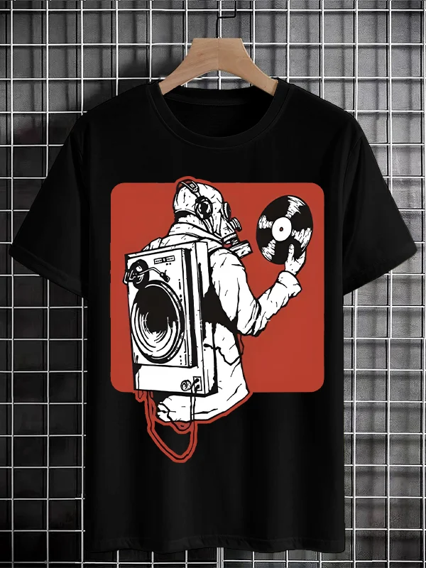 100% Cotton Men's Finding Records Art Print Cotton Casual T-Shirt
