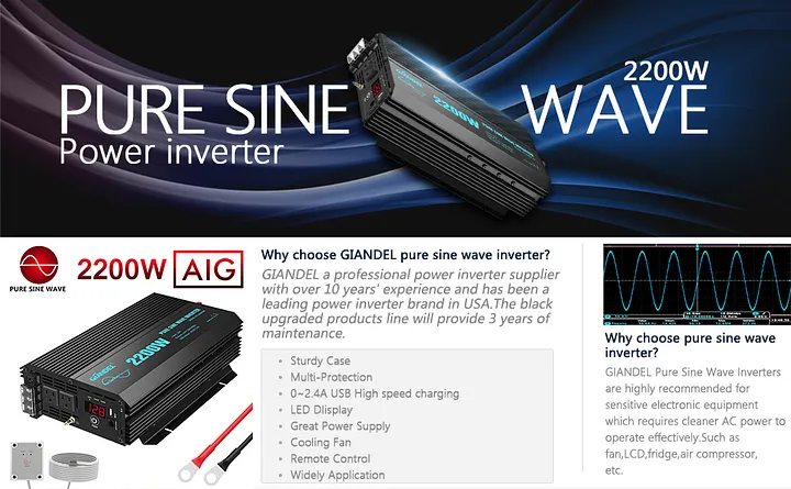 Pure Sine Power Inverter 2200W 12V/120V 20A Solar Controller USA Transistor | UK Pure Sine Power Inverter 2200W 12V/120V 20A Solar Controller USA Transistor | UK