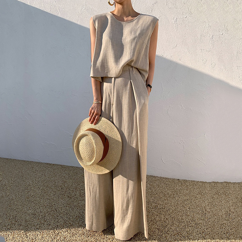 Mature Women Niche Round Neck Loose-fitting Sleeveless Shirt Top High Waist Mop Wide Leg Pants Trousers Suit