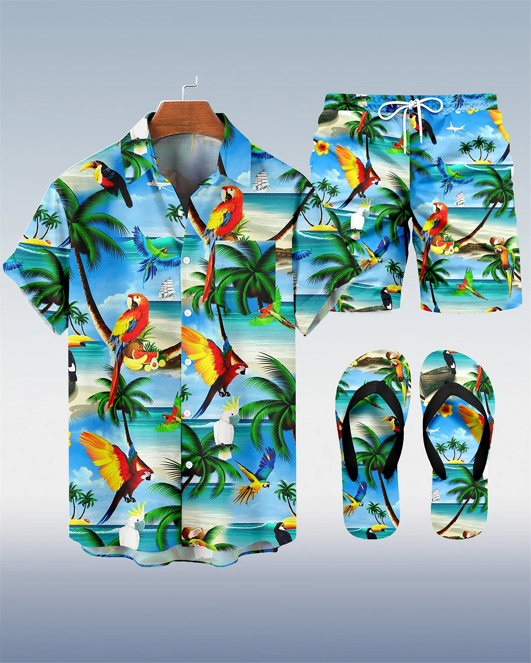 Suitmens Men's Tiki Party Hawaiian Vacation Print Three-Piece Set 030