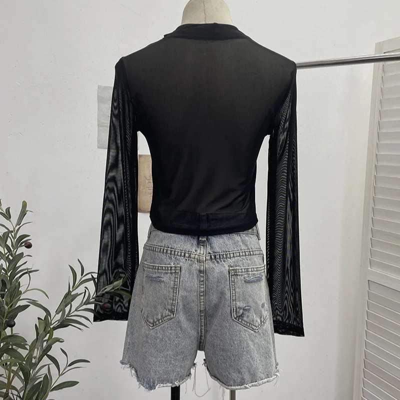 Nigikala Nigikala Hollow Hanging Neck Cowboy Splicing Mesh Strap With Irregular Long-Sleeved T-Shirt Short Top 88882