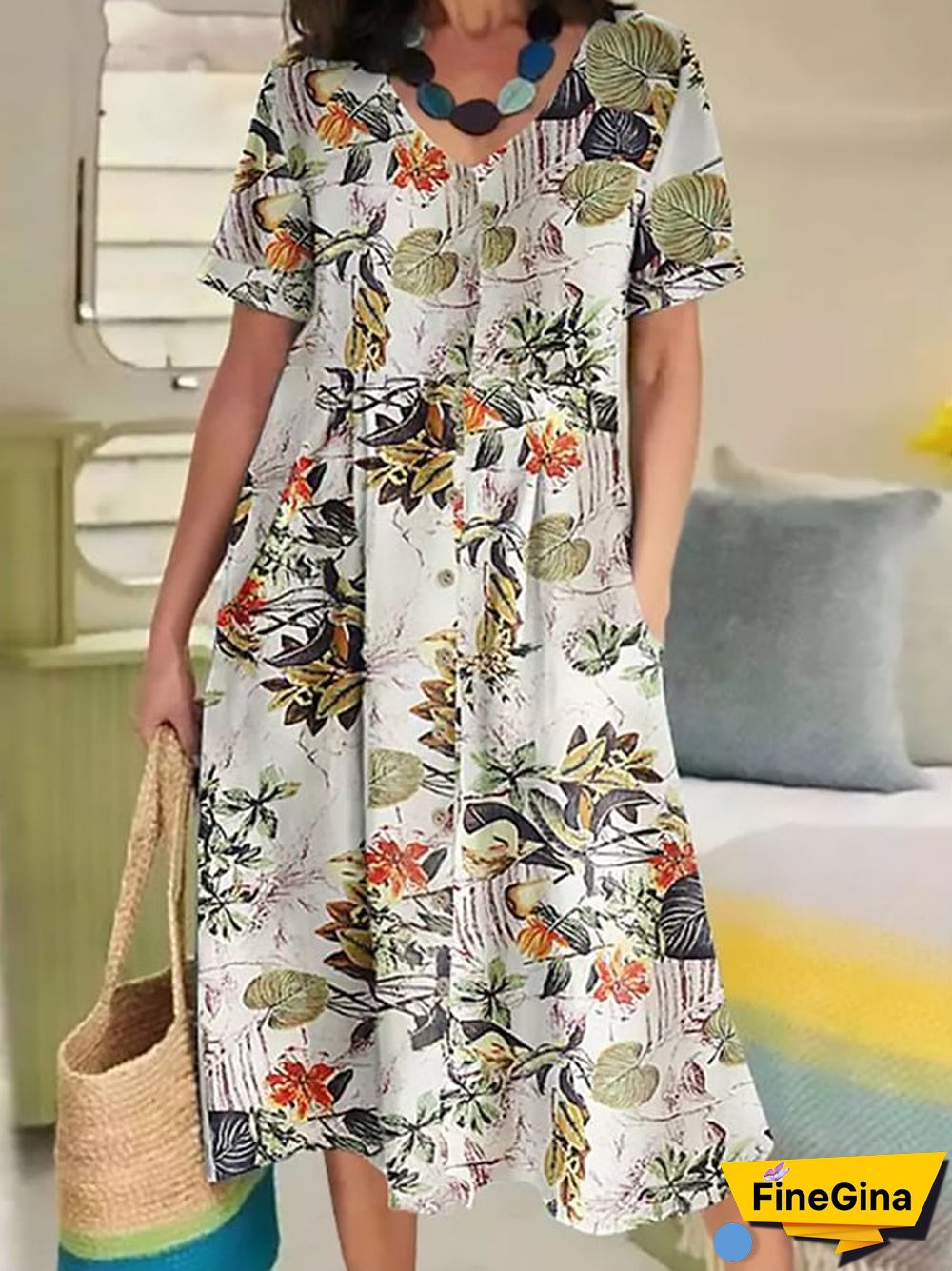 Printed Cotton And Linen Ethnic Style Pocket Dress