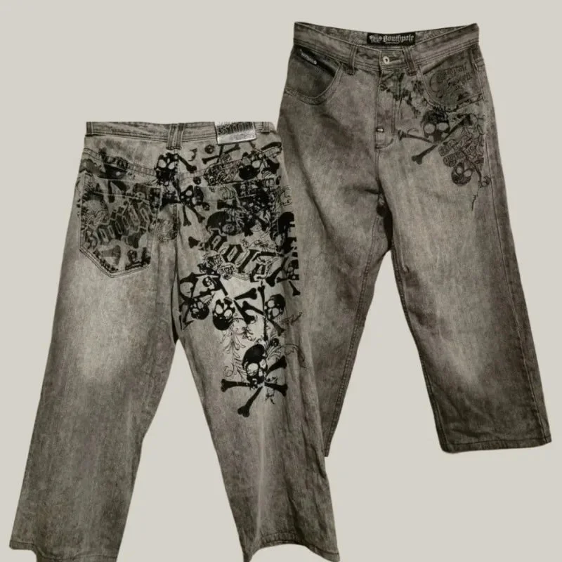 Aonga 90s Streetwear Harajuku Style New Skull Print Baggy Jeans Men And Women Y2K Street Fashion Vintage Gothic High Waist Wide-leg Pants Trousers aonga