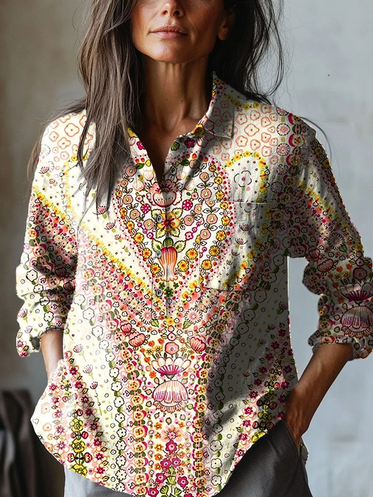 Women's  Flowers Art Print  Casual Cotton And Linen Shirt