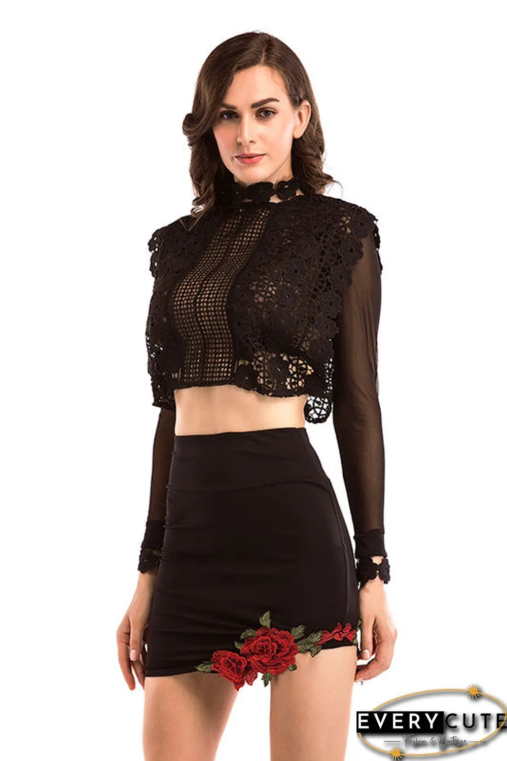 White High Neck Lace Cut Out Top With Long Sleeves