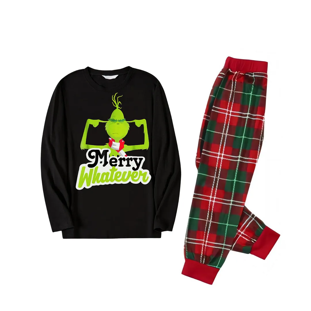 Funny Cartoon Pattern and "Merry Whatever" Slogan Printed Red and Green Plaid Family Matching Pajamas