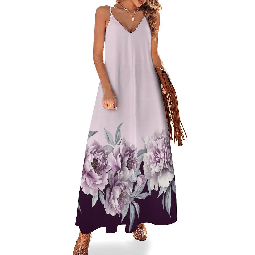 Style & Comfort for Mature Women Plus Size Printed Sling Casual Women Maxi Dress in Pattern Floral, Purple, Light Purple
