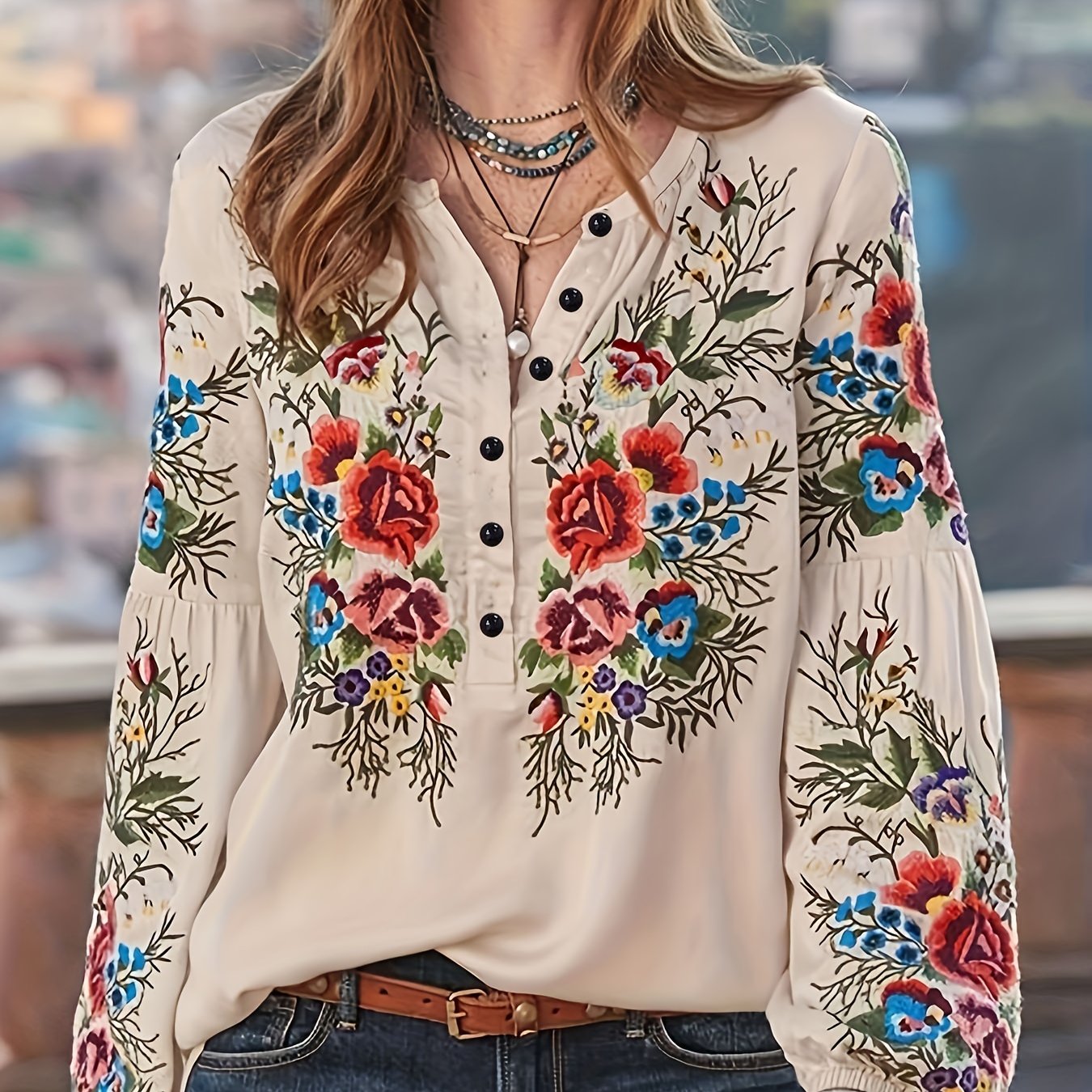 Plus Size Boho Blouse, Women's Plus Floral Embroidered Lantern Sleeve Polo Neck Top