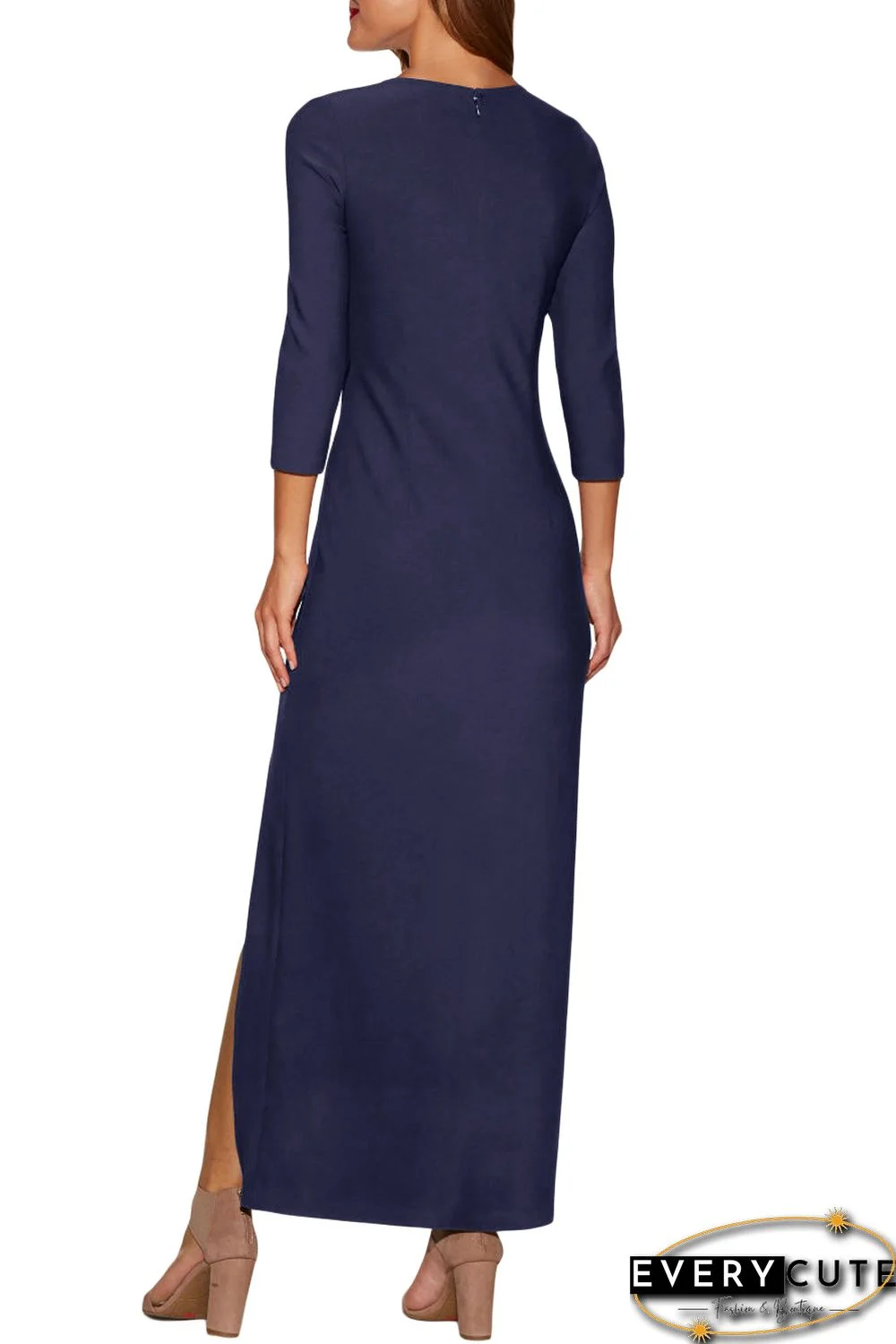 Grommet Side Slit Accent Blue Maxi Dress