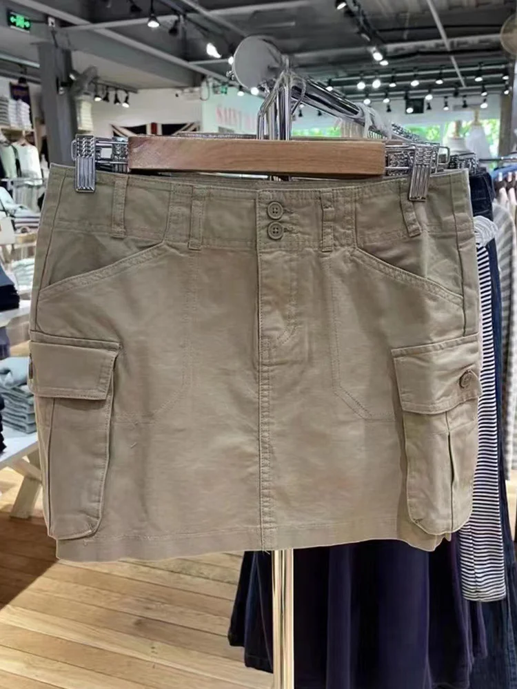 Aonga Casual Women Solid Cargo Pants Women Pockets High Waist A-line Mini Skirts Female Y2k Streetwear Cotton Bottoms 2025 aonga