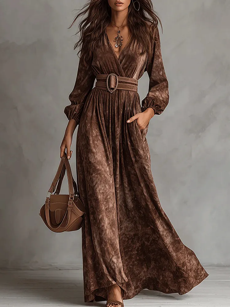V-Neck Chocolate Color Velvet Maxi Dress