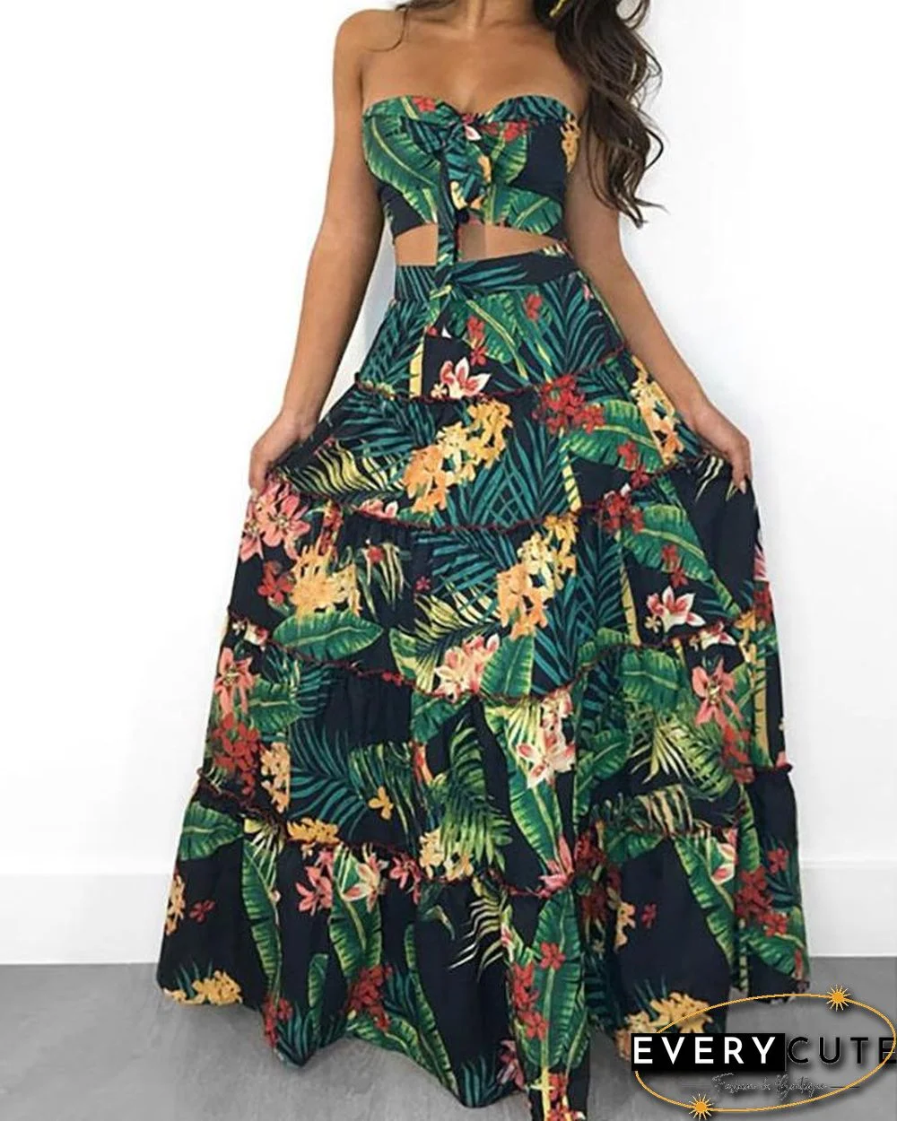 Tropical Print Crop Top & Maxi Skirt Set