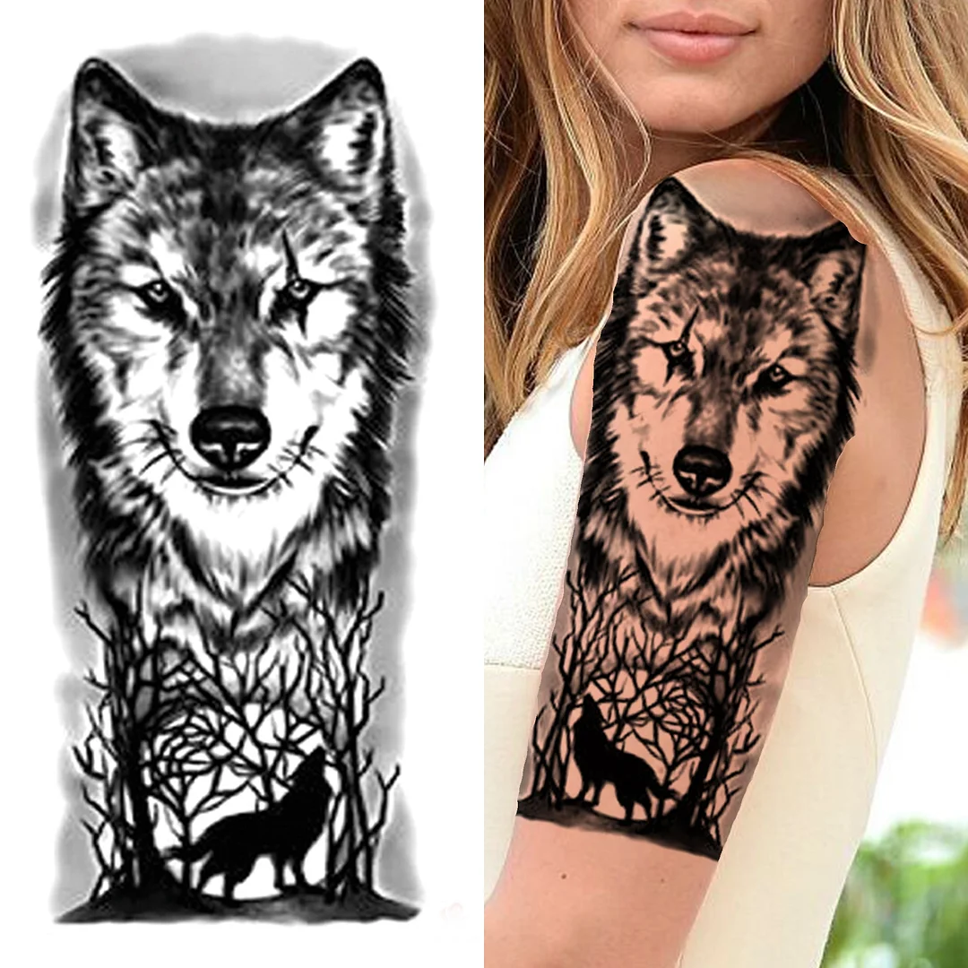 Sdrawing Wolf Temporary Tattoos For Men Women Adult Fake Lion Tattoo Sticker Tiger Black Tribal Body Art Drawings Tatoos Arm