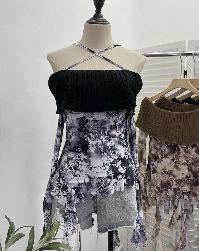 Churchf Real Shot Shoulder Cross Hanging Neck Knitting Mesh Yarn Coat Irregular Ribbon Horn Long-Sleeved T-Shirt 1101